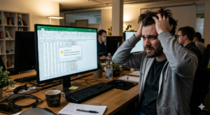 Excel-Liste mit Fehlermeldung und vor dem Bildschirm ein verzweifelter User.
